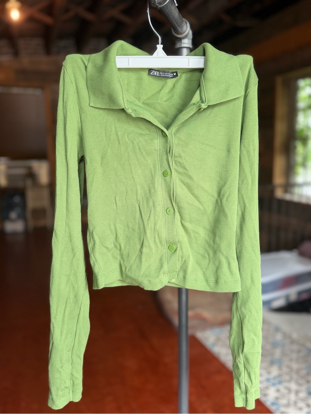 Zara Bright Green Ribbed Button-Down Shirt